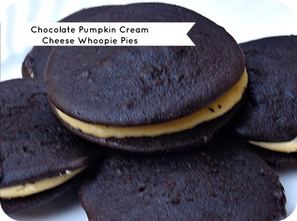 A twist on the classic whoopie pie the dark chocolate cookie is finished off perfectly with a creamy pumpkin cream cheese filling, perfect for a fall dessert