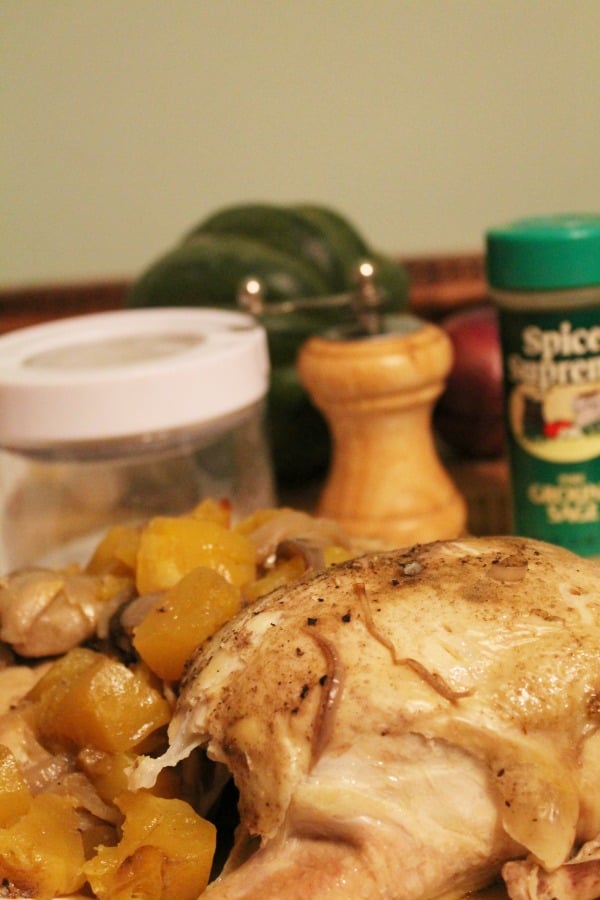 Finished Sage chicken with acorn squash and ingredients