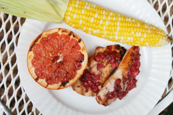 grilled chicken with strawberry and shallot jam, grilled sweet corn, grilled grapefruit