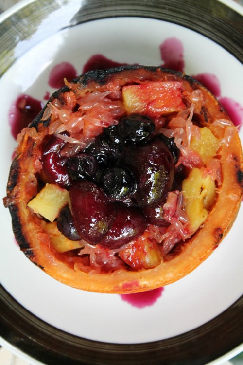 grilled mixed fruit in grapefruit bowl