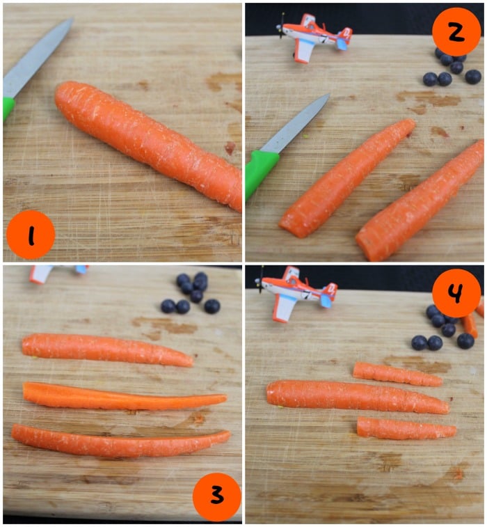Fun with Food Carrot Plane Tutorial - Cut carrot in half length wise, then cut one half in half lengthwise. Cut the quartered pices in half width wise. | www.realthekitchenandbeyond.com