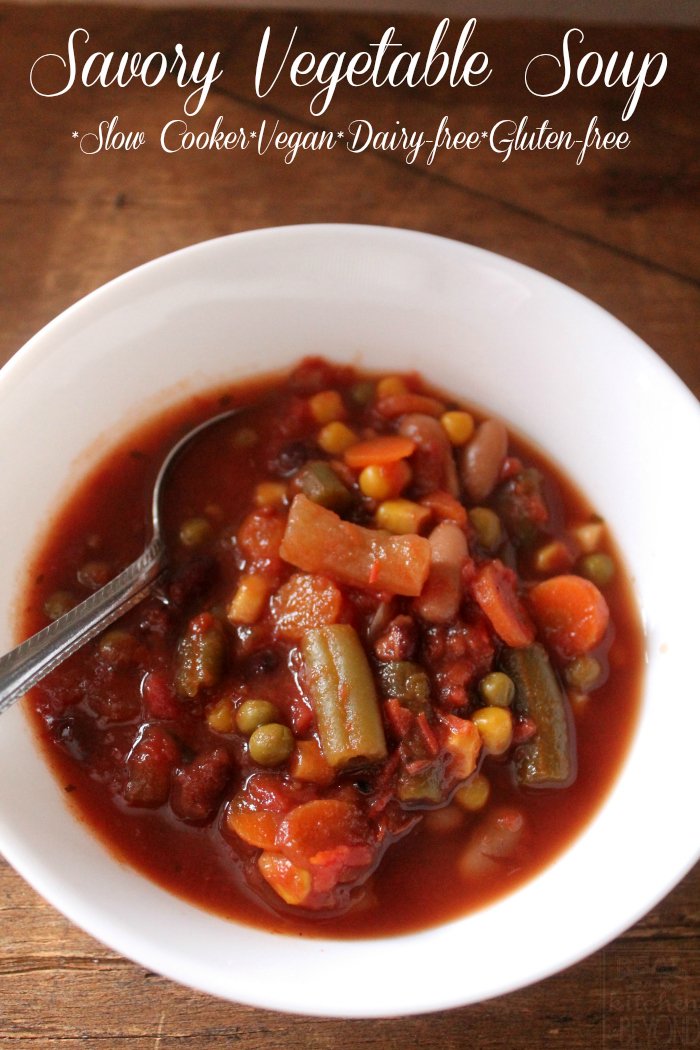 Slow Cooker Recipes: Savory Vegetable Soup that is vegan, dairy-free, and gluten-free - www.realthekitchenandbeyond.com