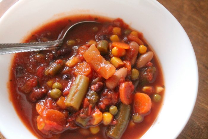Slow Cooker Recipes: Savory Vegetable Soup that is vegan, gluten-free, and dairy-free - Www.realthekitchenandbeyond.com