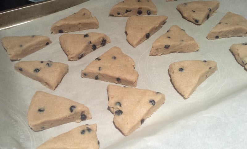 Whole Wheat Blueberry Scones sliced on tray