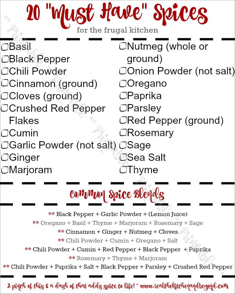 20 Must Have Spices for the Frugal Kitchen Printable 