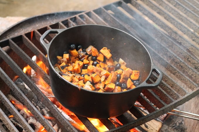 Campfire Roasted Sweet Potatoes and Blueberries Cooking