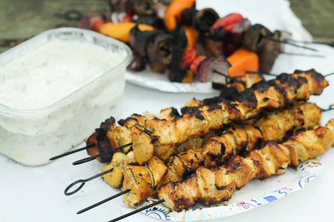 Campfire Grilled Persian Chicken and Vegetable Kebabs with Yogurt Dip