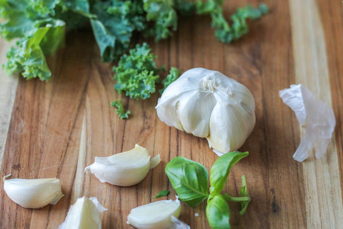 kale garlic and basil for kale pesto