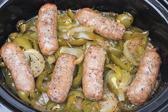 slow cooker sausage and peppers recipe with onions cooked